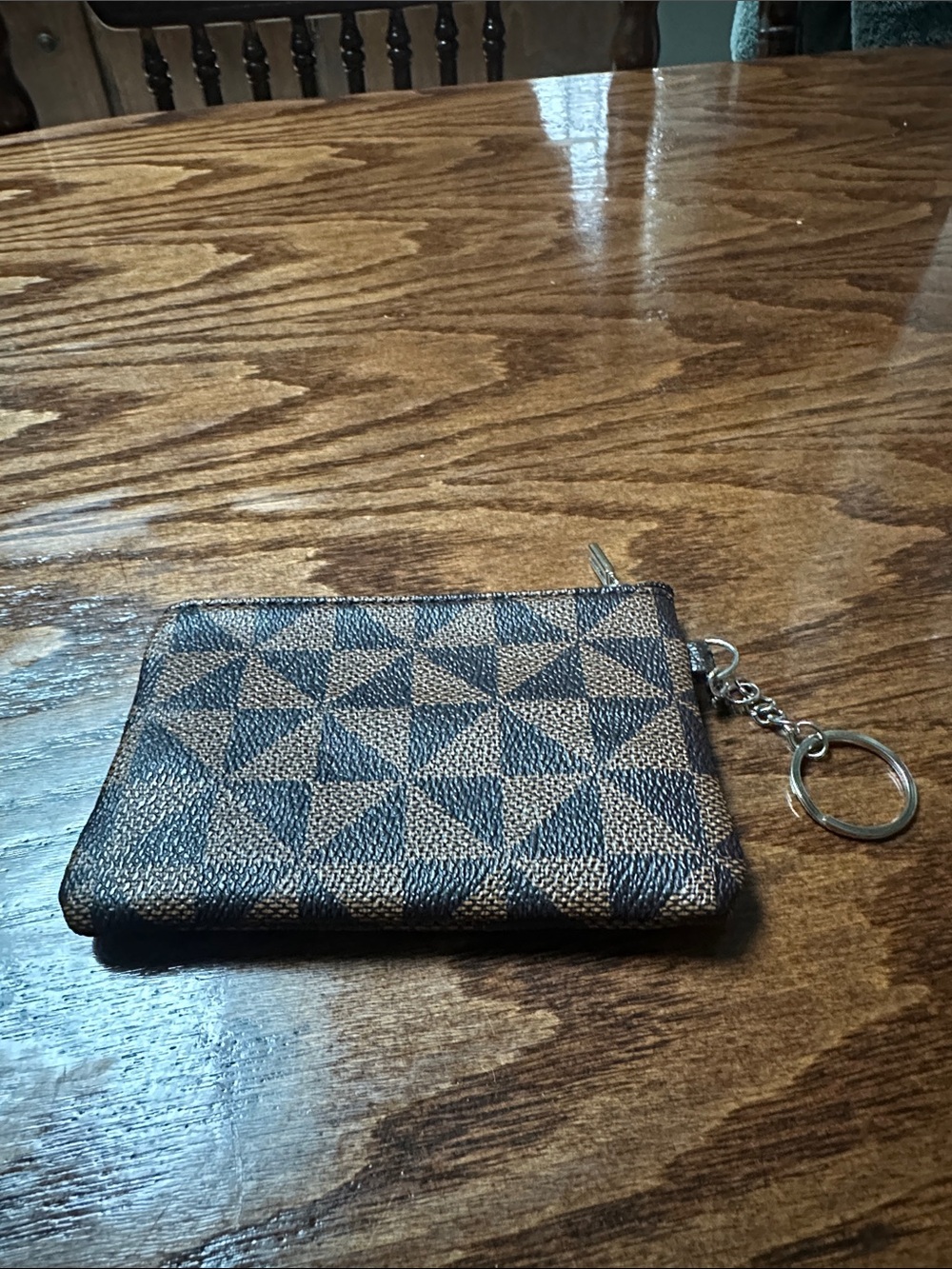 Geometric Zip Coin Pouch Keyring - Brown & Black